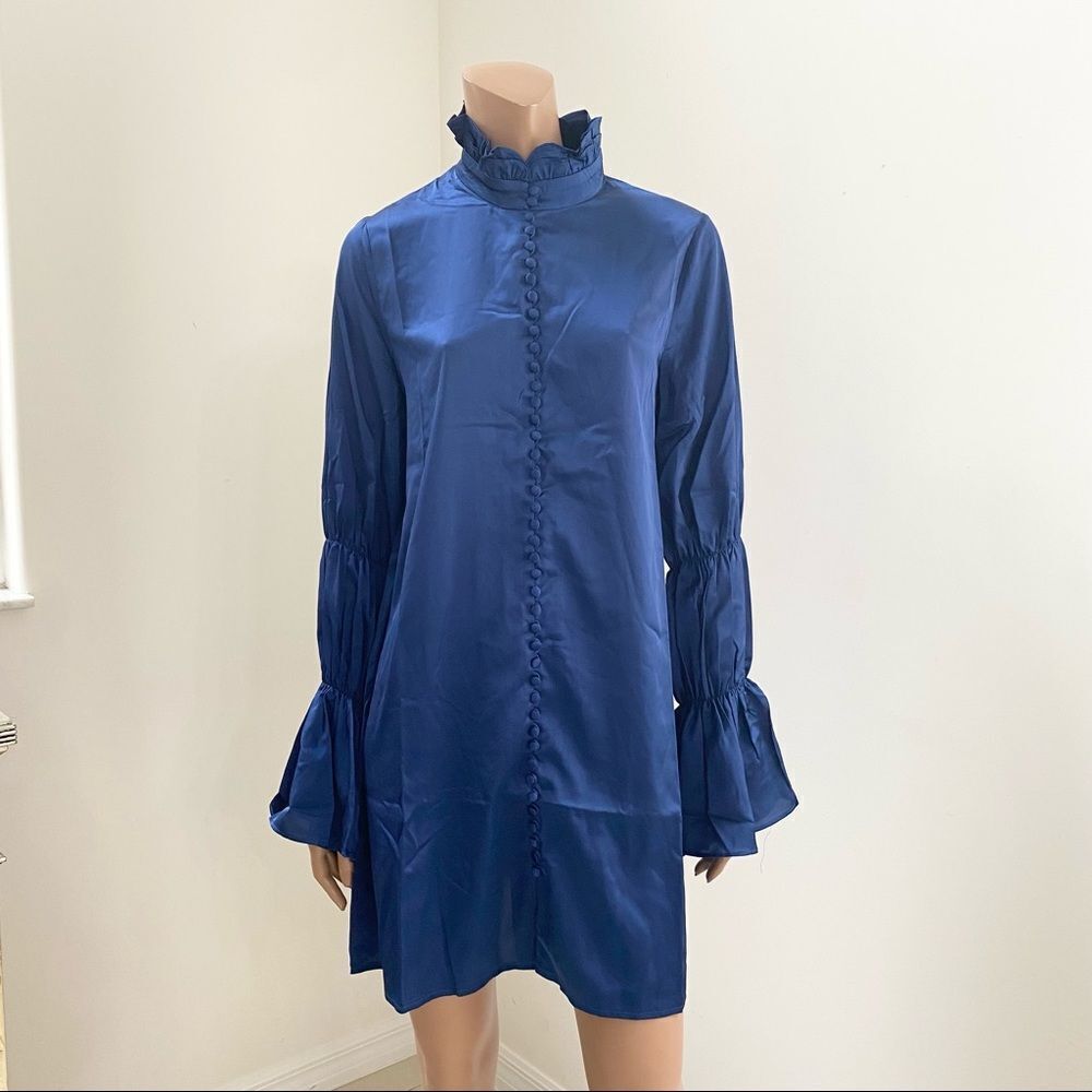 NEW Rich Fashion Mock Neck Long Sleeve Blue Satin Shirt Tunic Mini Dress 4
